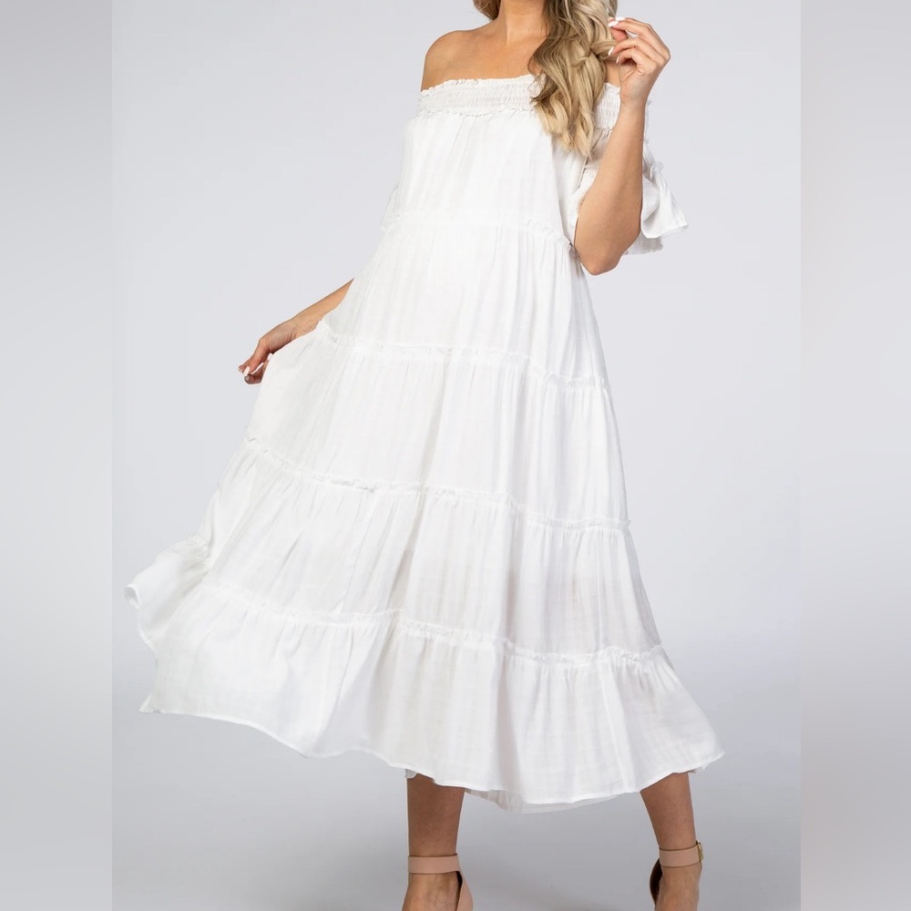Pink Blush White Off Shoulder Tiered Maternity Midi Dress